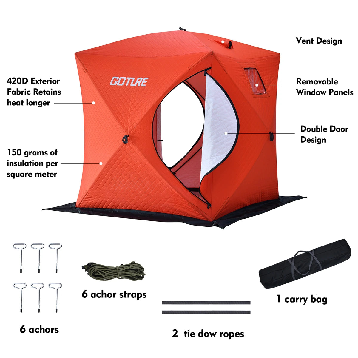 Goture 3-4 Person Windproof Insulated Ice Tent Ice Fishing Shelter Winter Fishing Tent with 2 Doors