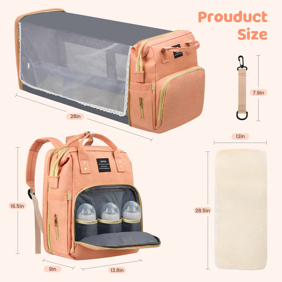 Multifunctional Baby Diaper Bags with Changing Station & Foldable Crib