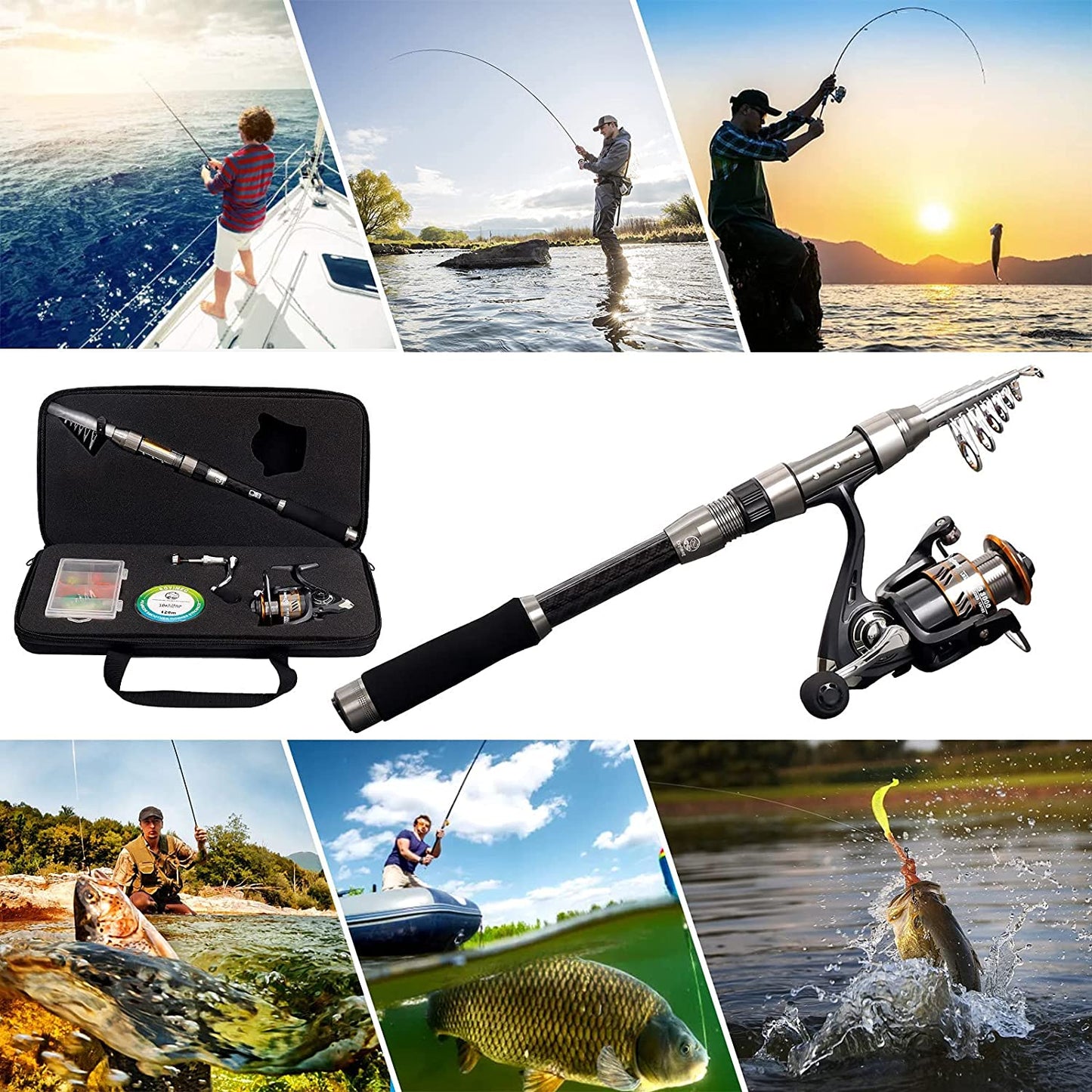 "Ultimate Fishing Adventure Kit: Portable Telescopic Fishing Rod and Reel Combo for Kids and Adults – Perfect for Saltwater and Freshwater Fishing, Complete with Carbon Fiber Pole, Reels, and Accessories!"