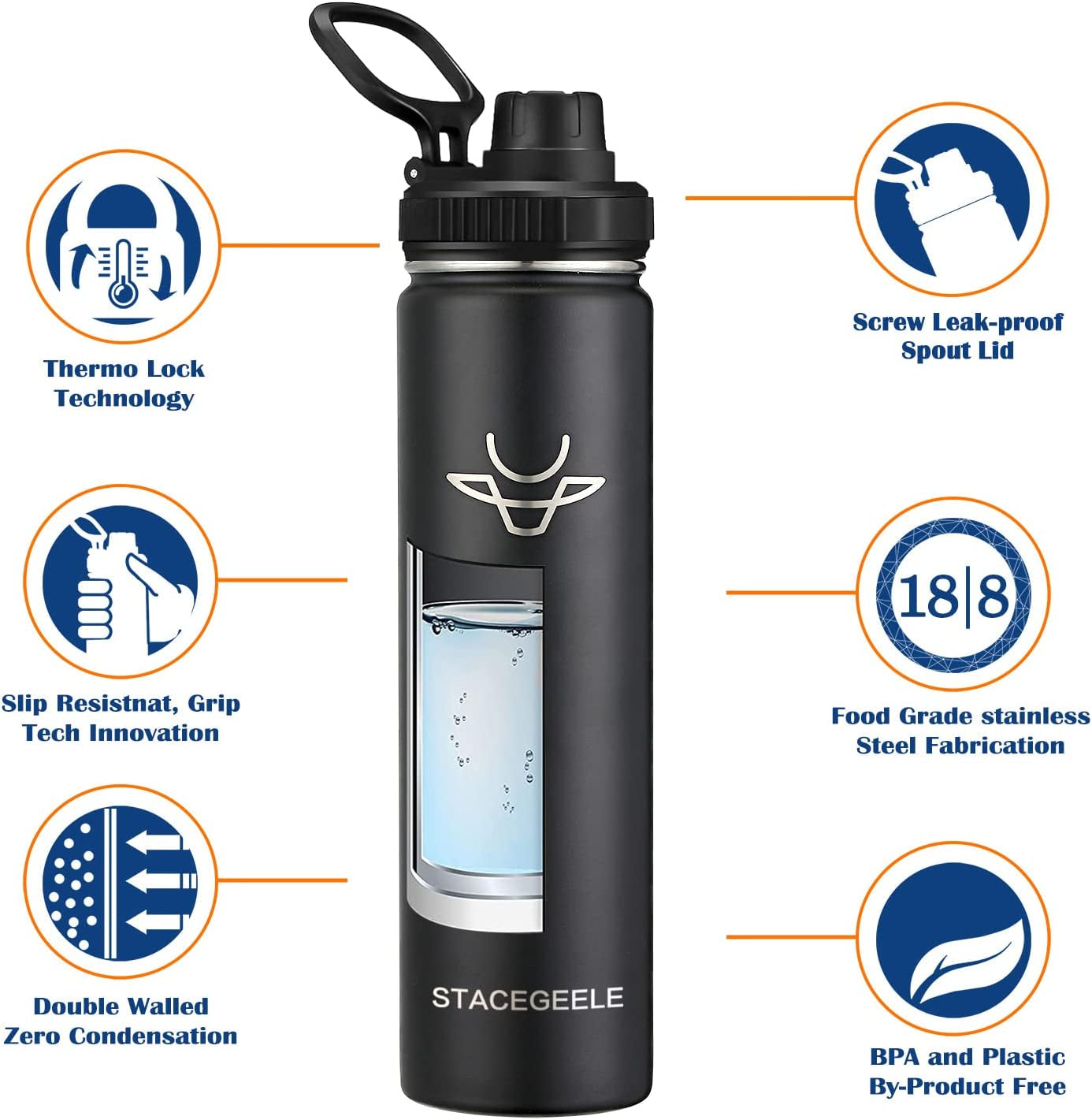 Insulated Vacuum Water Bottle with Spout Lid & Screw on Top | Stainless Steel Flask for Kids Leak Proof Lightweight Eco Friendly 18Oz / 24Oz / 32 Oz / 40Oz(24Oz Black)