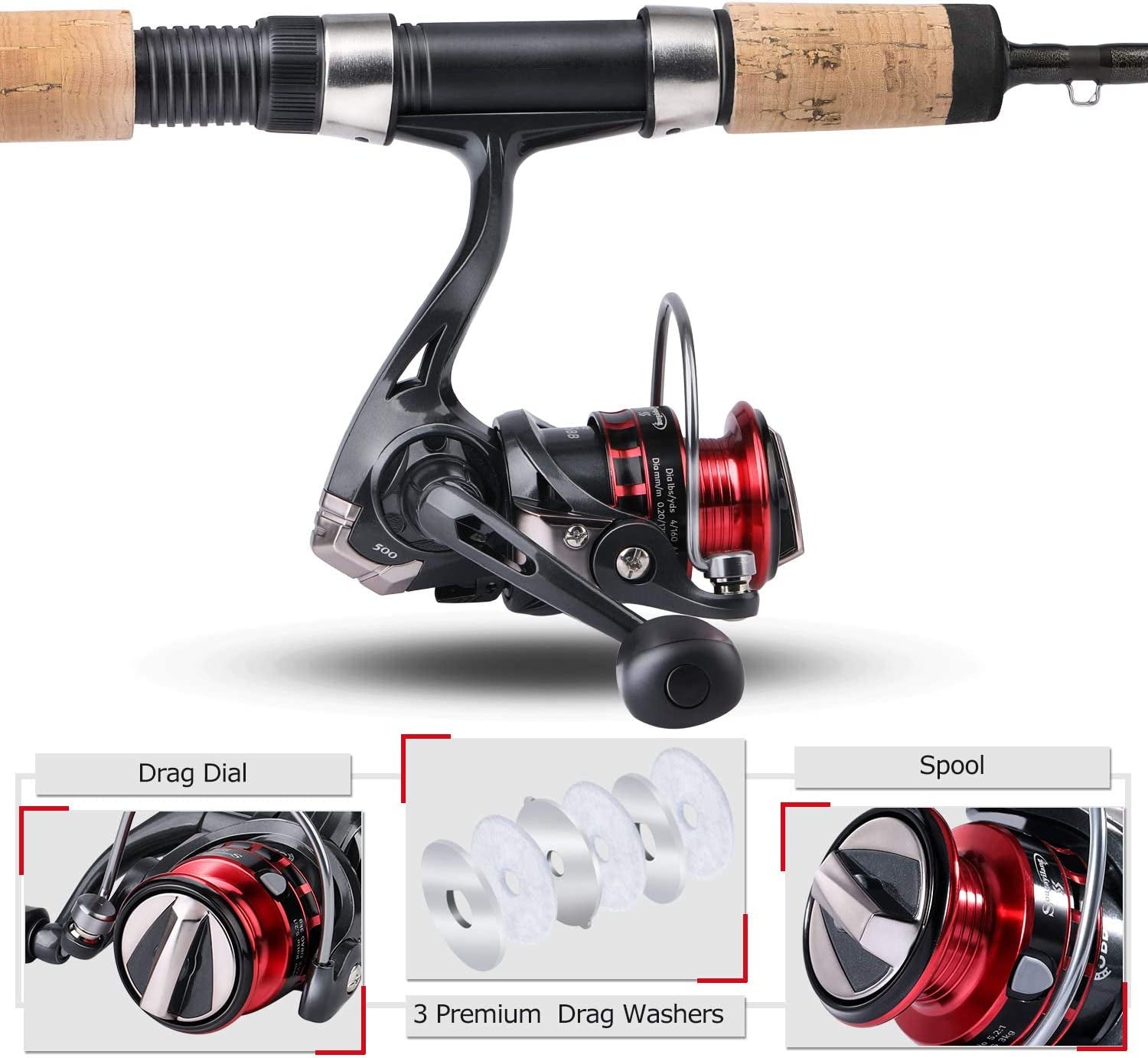 Fishing Rod and Reel Combos,Graphite Blank Rods,Stainless Steel Guides,2 Piece Spinning Rod Travel 500 Size Spinning Fishing Reel.